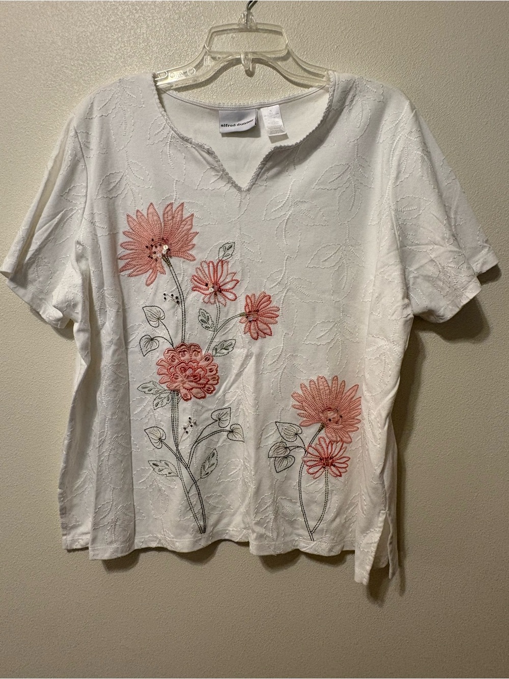Alfred Dunner White Short-Sleeve Tee with Pink Floral Embroidery